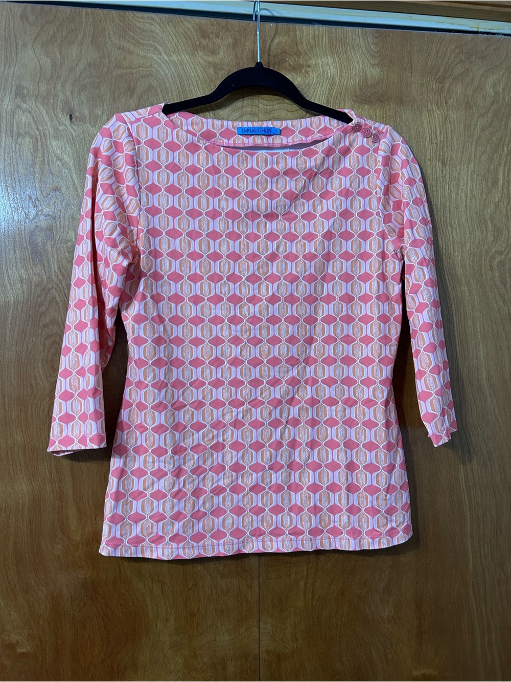 J. McLaughlin Pink Geometric Boatneck 3/4 Sleeve Top